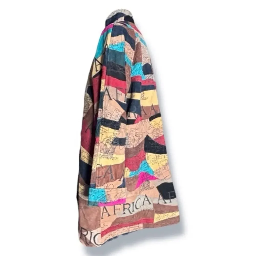 Vintage African Star Suede Leather Coat Map Print Oversized Long Jacket Boho - Picture 6 of 14
